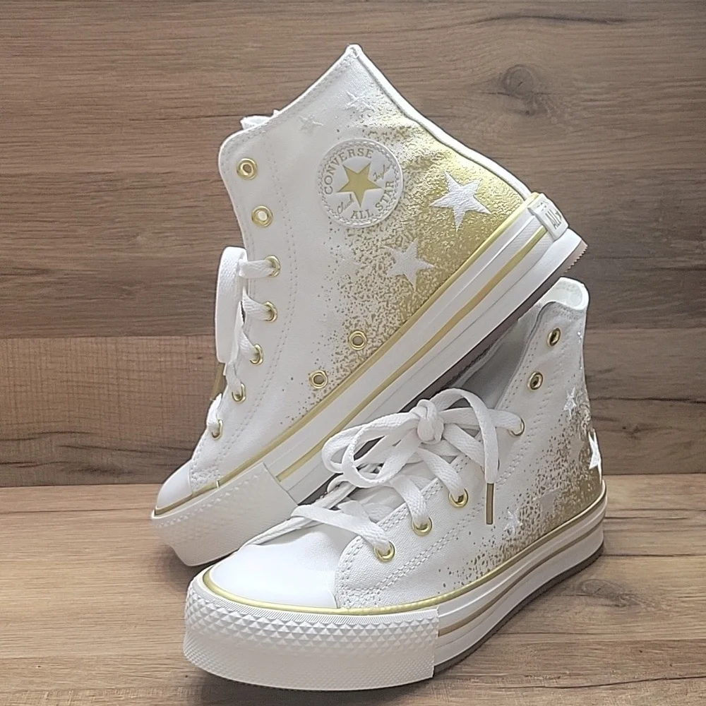 Converse White and Gold High-Top Sneakers Classic Style Size 7.5 Women